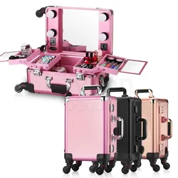 16 Inch Makeup Case with Wheels Suitcase Professional Makeup Bag Luggage Mirror Lights Portable Storage Box Carry-on Trolley