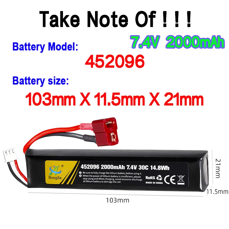 Miękki pocisk pistolet bateria Lipo 7.4V 2000mah akumulator 452096 30C T/SM/XT30 wtyk do pistoletu pneumatycznego Airsoft zabawka elektryczna część