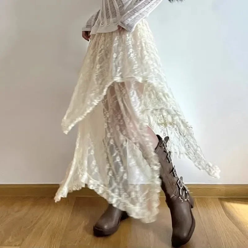 Vintage Elegant Lace Skirt for Women Summer High Waist Loose Trendy Asymmetrical Mid Skirt Y2k Clothes Fashion Street Style