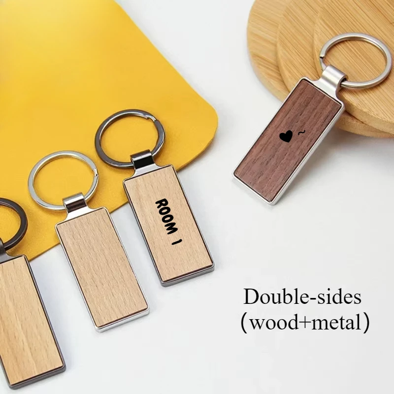 

Walnut Wood Laser Engrave Double-sides Metal Keychain Custom Logo Bamboo Wooden Keychain Personalize Hotel Room Number Key Chain