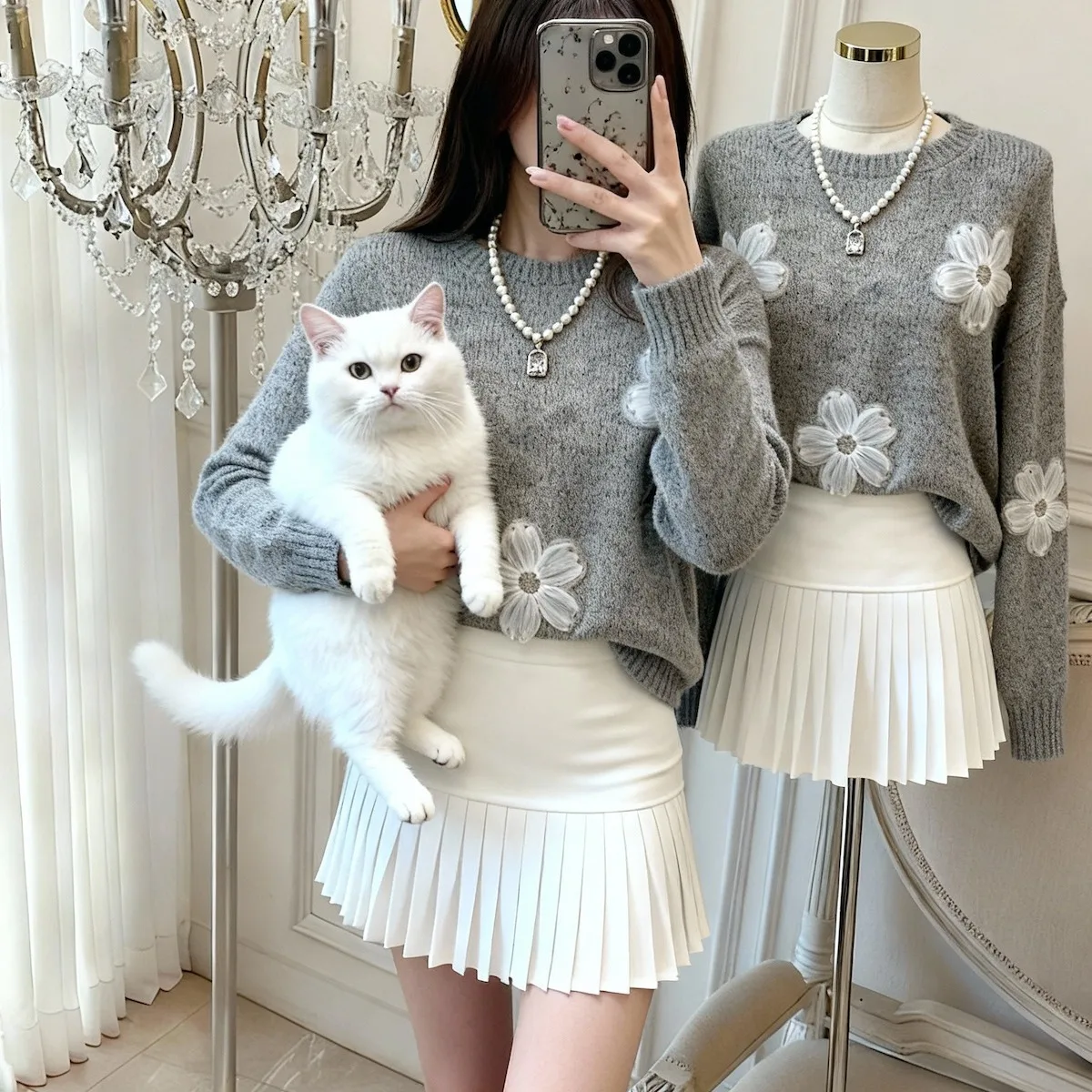 

Модный женский свитер с объемными плечами и цветочным принтом, осенне-зимний вязаный длинный теплый модный топ све для молодежного образа