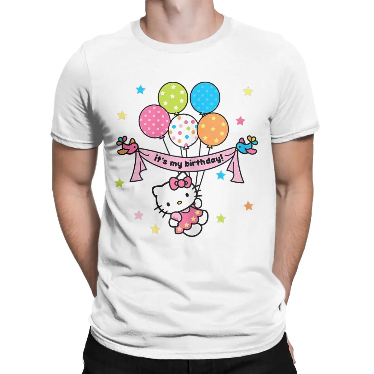 Men T-Shirts Official Hello Kitty It's My Birthday Fashion Pure Cotton Tee Shirt Short Sleeve T Shirts Crew Neck Clothing New