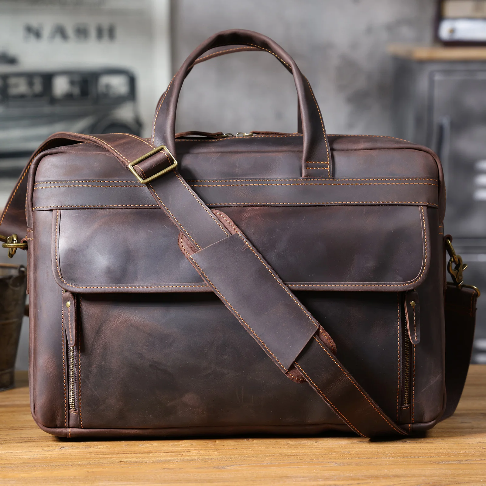 Vintage Echtleder Herren-Aktentasche 17" Laptop-Tasche, Messenger-Taschen für Arbeit und Business, Crazy Horse Rindsleder Handtasche – Detail 7