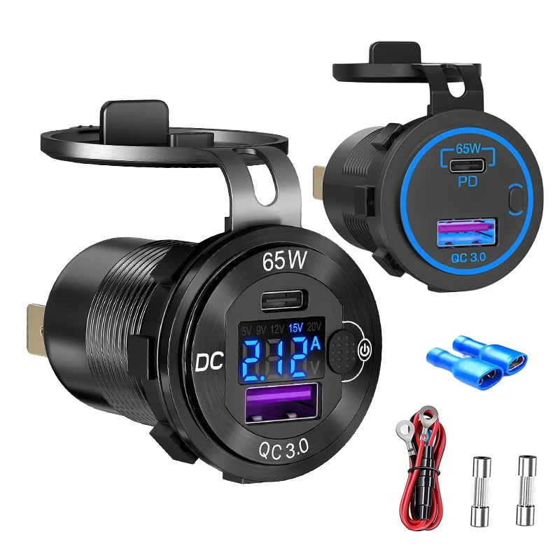 NEW 12V/24V USB Outlet Laptop Charge 83W Car Charger Socket 65W PD Type C & 18W QC 3.0 with Voltmeter Power Outlet for Marine RV