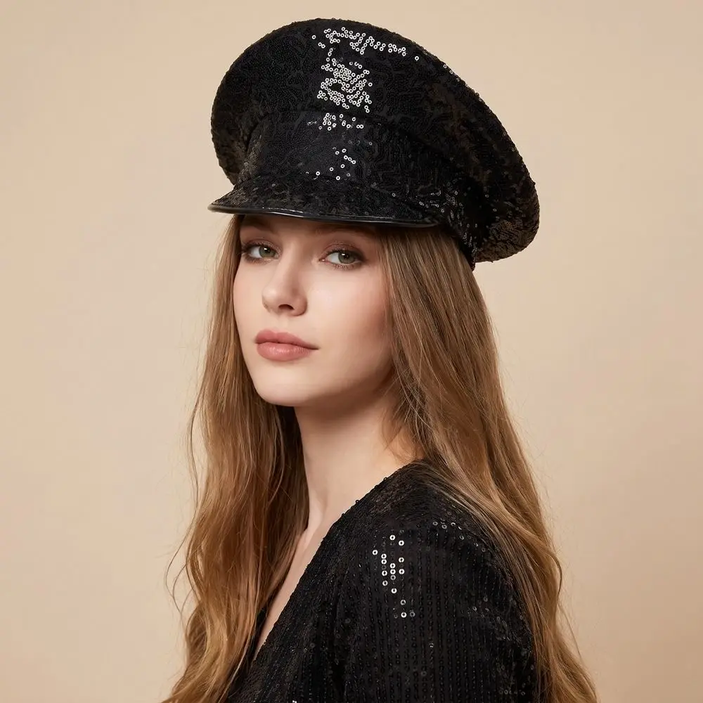 Unisex Design PU Leather Sequin Flat Top Hat Y2k Shiny Hats Sergeant Style UV Protection Captain Cap Carnival Festival