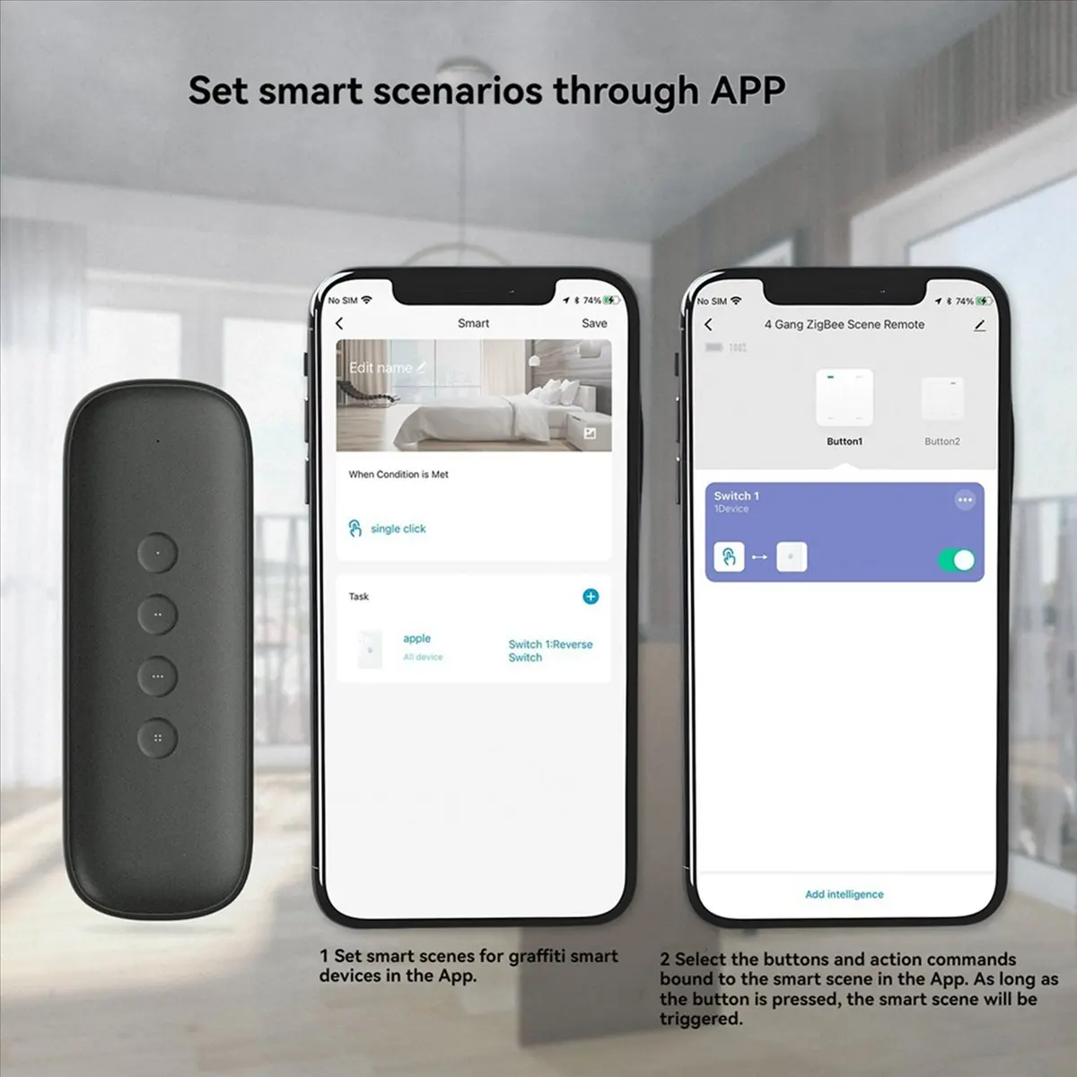 

2X Tuya ZigBee Smart Scene Switch 4 Button Wireless Smart Switch Button Controller for Light Strip Curtain Motor