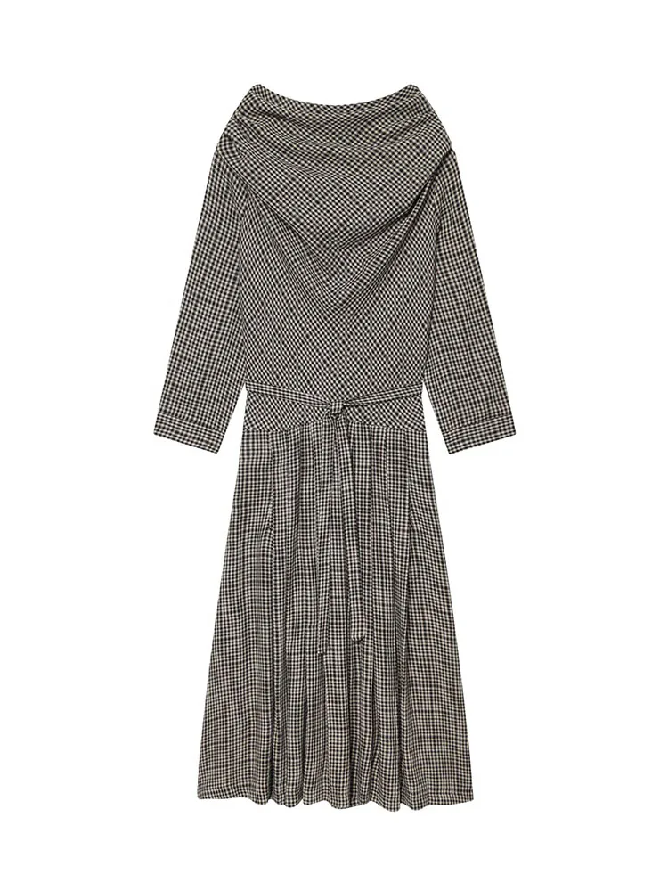 

HH New Woman Spring Versatile Fashion Sexy Backless Long Sleeves Dress Female Fine Plaid Belt Decoration Swing Collar Long Dress