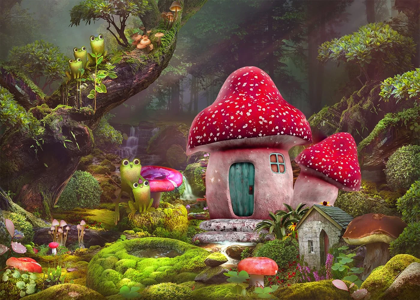 Spring Enchanted Fairytale Forest Backdrop for Photography Frog Mushroom Wonderland Photo Background for Newborn Baby Shower