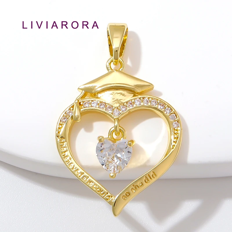 1/2/3Pcs 18K Gold Plated Brass Graduation Cap Hollow Heart Pendant,Engraved Inspirational Heart Charms For DIY Necklace Making