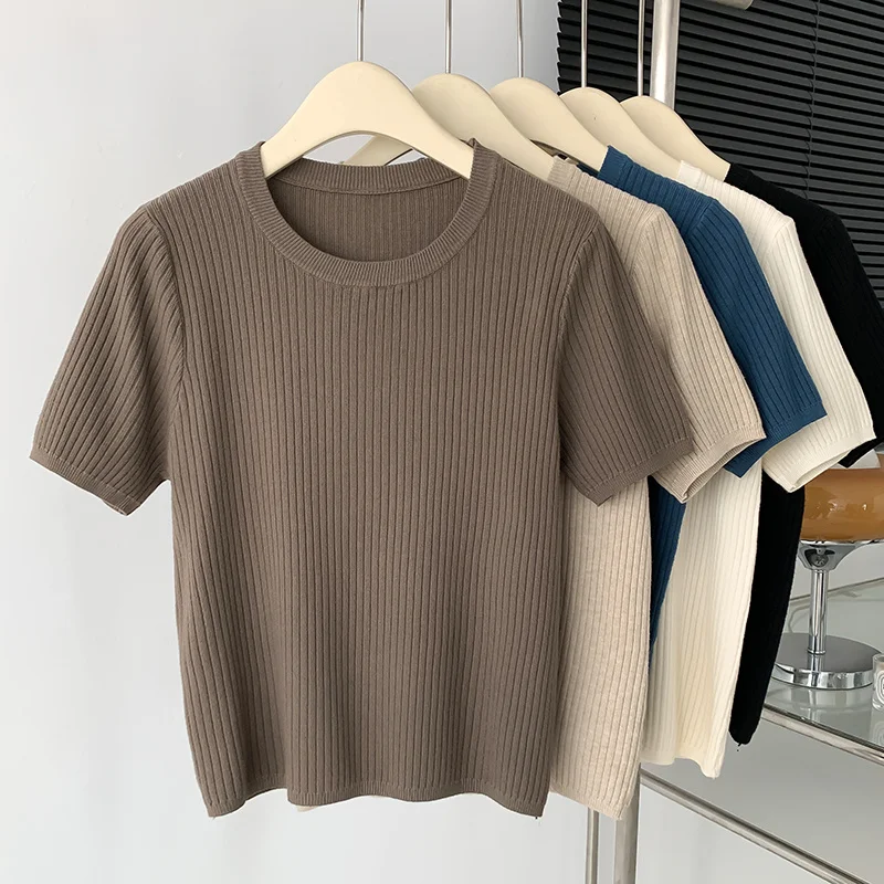 Summer Short Sleeve Knit Tops Women Tshirt Casual Round Neck Thin Knitted T-shirts Basic Tee Shirt Femme Ladies Clothing Top