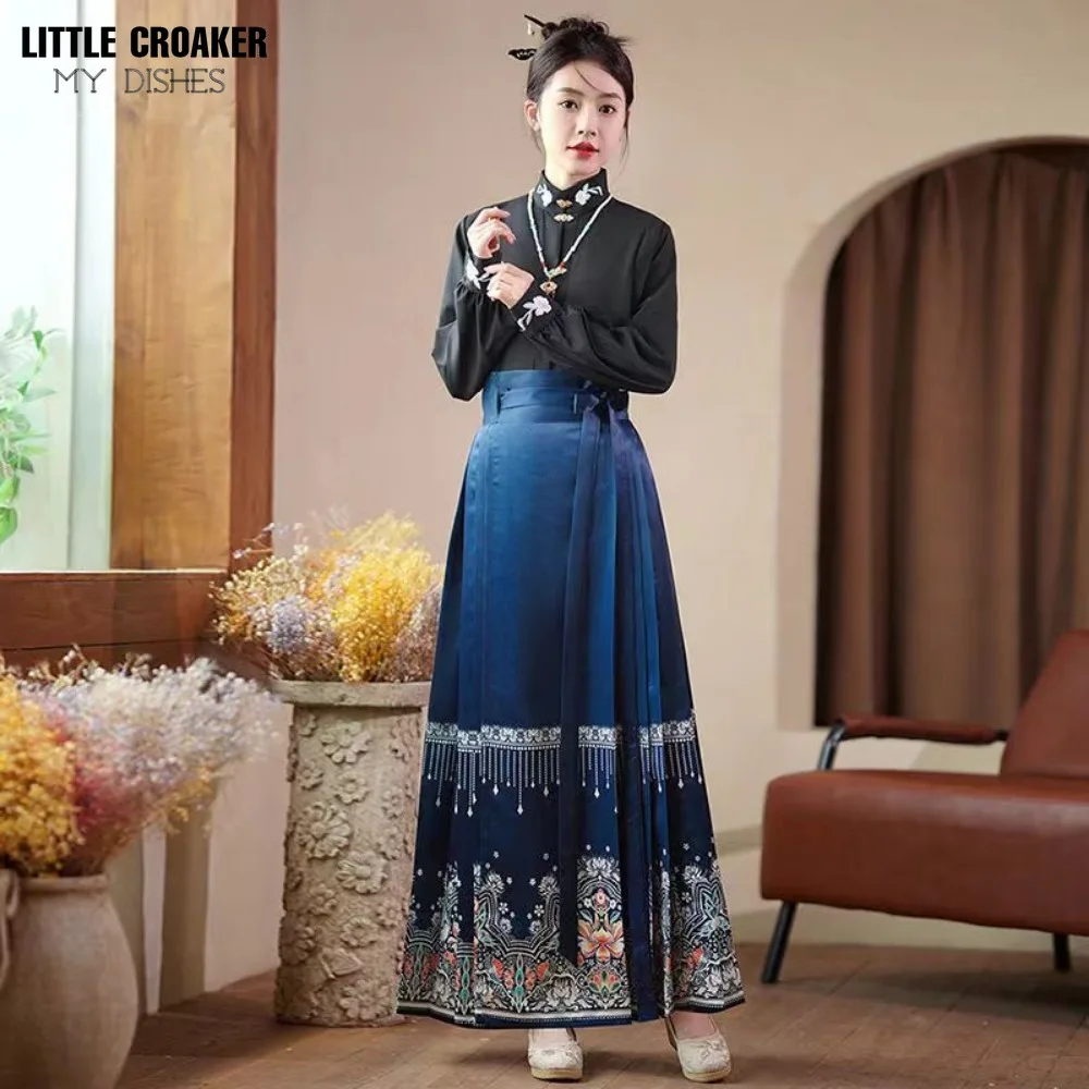 

Hanfu Horse Face Skirt Chinese Hanfu Blouse + Red Blue Ma Mian Skirt Chinese Clothes Women Modern Ming Hanfu