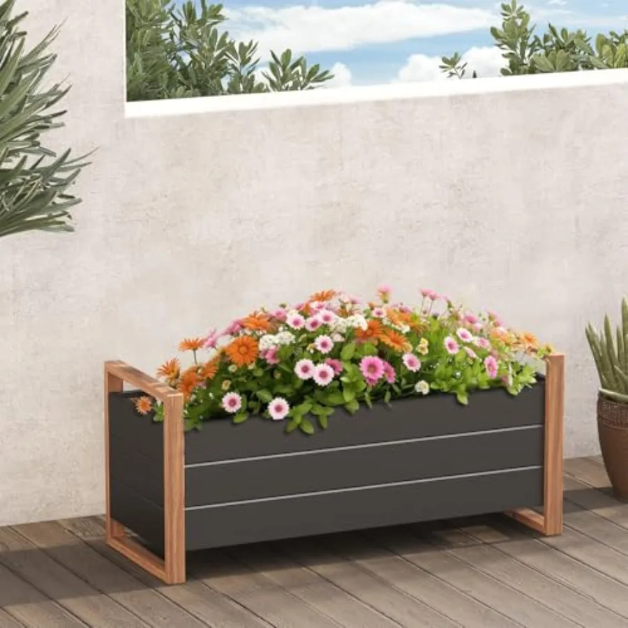 Metal Raised Garden Bed, Outdoor Raised Planter Box with Woodgrain Finish, Elevated Planter Box