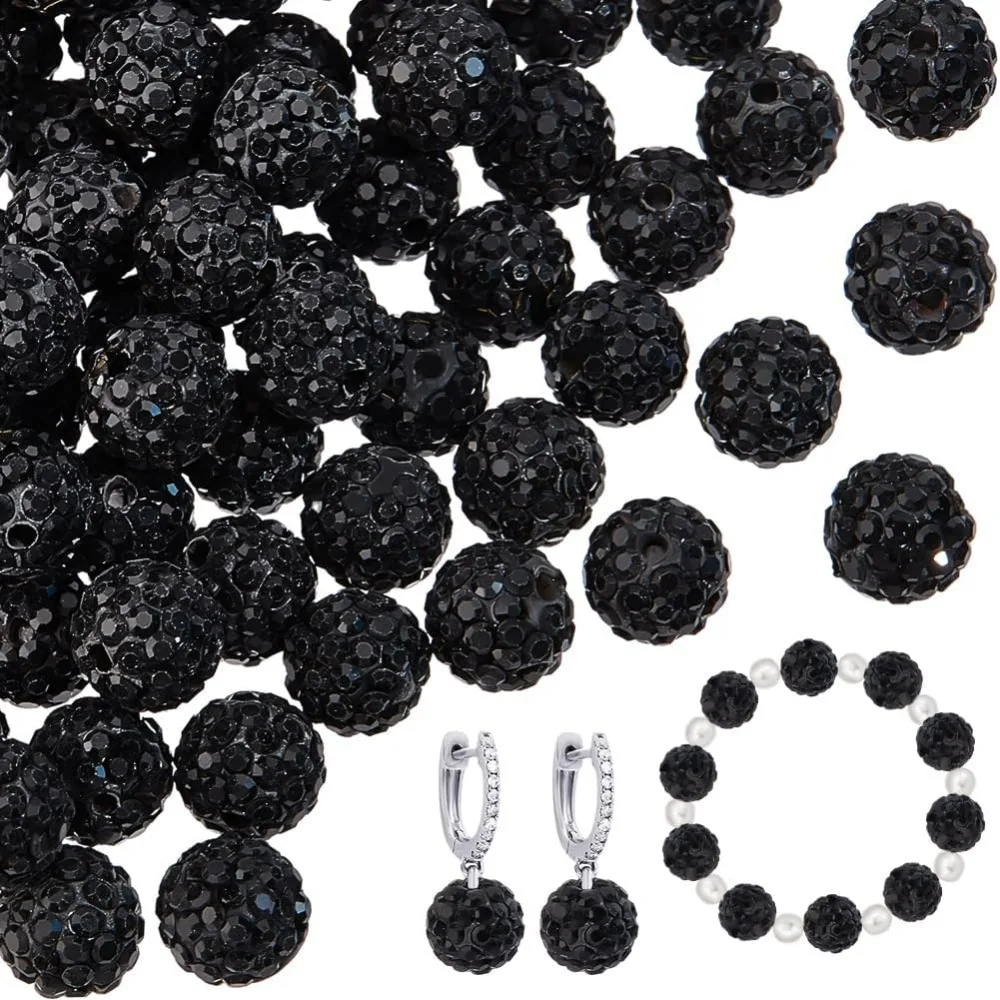 100 peças contas de argila de strass 10mm contas de argila de cristal preto contas de cristal de polímero argila pavimentar bola de discoteca kit de fabricação de diamante redondo