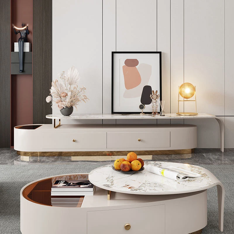&c Modern Luxury Durable Marble Top TV Stand and Coffee Table Set with Storage Cabinet for Living Room Furniture