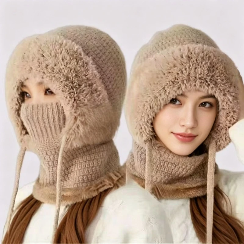 Winter outdoor cycling with plush warm knitted yarn hat women's mask scarf one-piece pullover hat ear protection hat