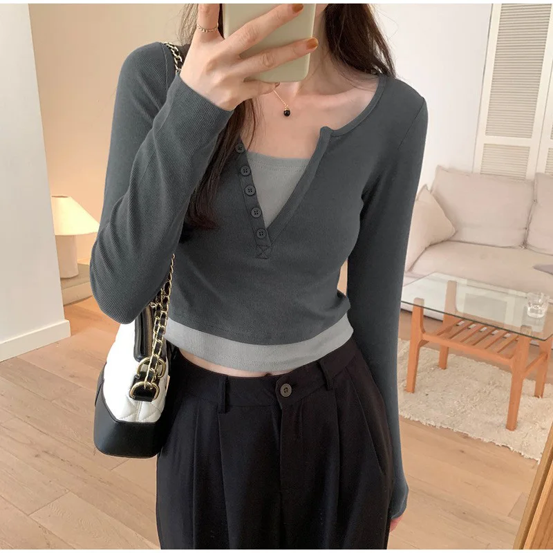 Long-sleeved Bottoming T-shirt Korean Style Slim Fit Fake Two-piece Contrast Button V-neck Design Spring Pure Lust Tops Female