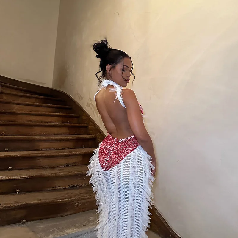 

Fringe Long Dr Bal See-tough Svel Splicing Sle Trendy Individuali Women's Dr Summer Season Polyester F...