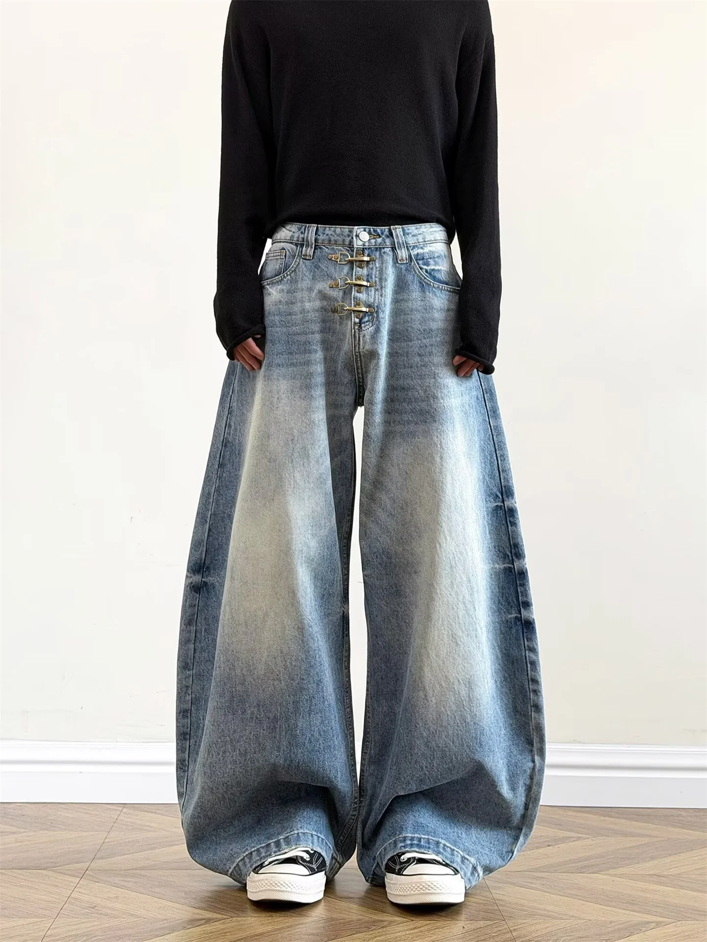

American Sle Loose Fit Men's Jeans Knife Aircrt Bule High Street Vintage Straight Leg Casual Jeans