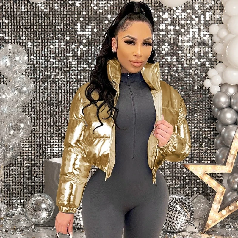 

BWQ Stigende блестящее золотое пальто с хлопковой подкладкой женское зимнее теплое укороченное пальто на молнии куртка в стиле пэчворк пуховая парка верхняя одежда Veste Femme