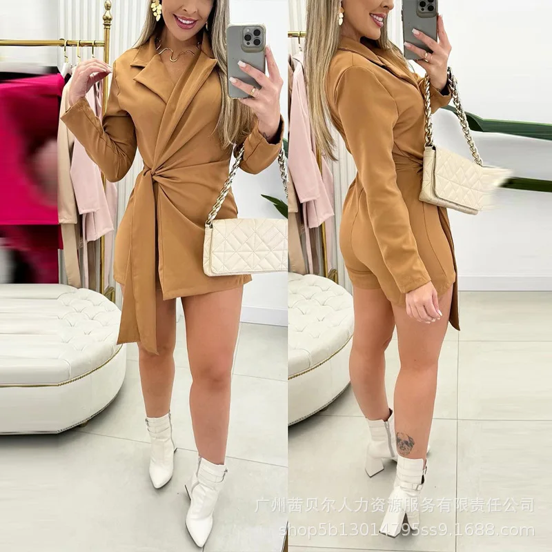 

Mandylandy Solid Color Suits Jumpsuits Women Long Sleeve Lapel Strap Pleated Commuter Jumpsuits Summer Casual Rompers Playsuits