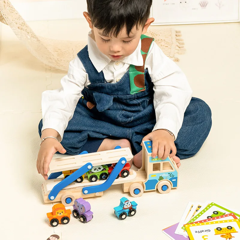 مونتيسوري الحيوان سيارات شاحنة طفل لعب خشبية قابلة للطي المسار مقطورة لعبة بطاقة مطابقة لعبة تعلم لعبة محرك غرامة للأطفال