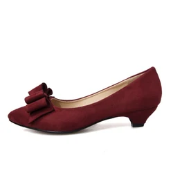Casual Low Heels Shoes Woman Sweet Bow-tied Pumps Fashion Red Blue Flock Short Heeled Party Office Shoes Ladies Large Size 45 48