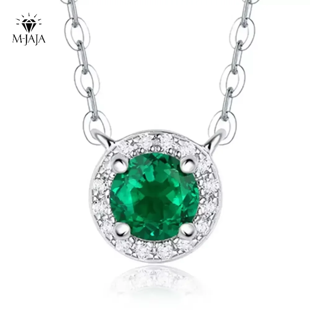 

M-JAJA Lab Grown Emerald Pendant 0.5ct Round Cut Necklace 925 Sterling Silver Chain for Women's Wedding Anniversary Fine Jewelry