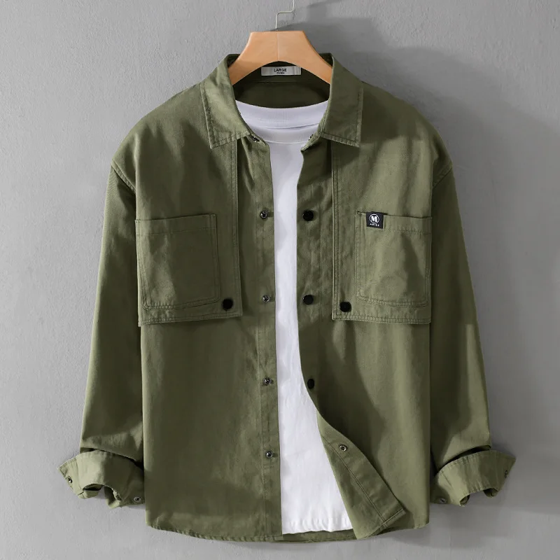 

American Style Cargo Shirt Men Loose Streetwear Men Top Pocket Pure Cotton Long Sleeve Green Shirt Causal Fashion Men's Clothing