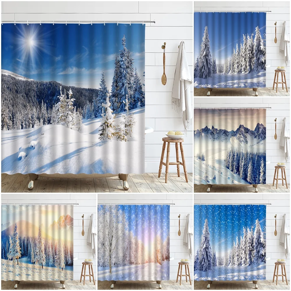 

Winter Shower Curtain Set Christmas Wonderland Forest Snow Scene Pine Tree Bathroom Curtain Durable Fabric Bathtub Decor Screen