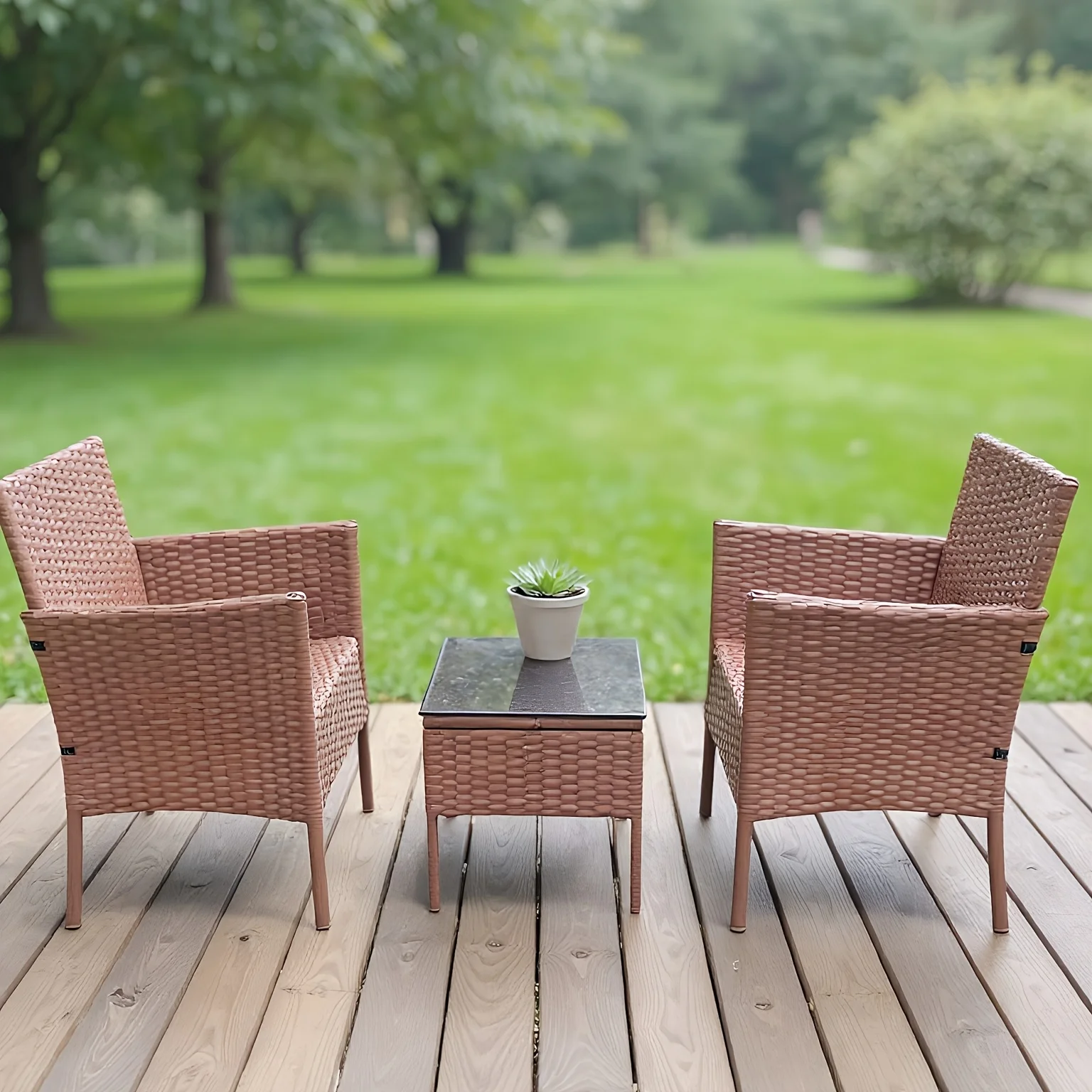 3-Piece Outdoor Wicker Patio Furniture Set, Rattan Conversation Bistro Set With 2 Chairs &Glass Top Side Table, Brown