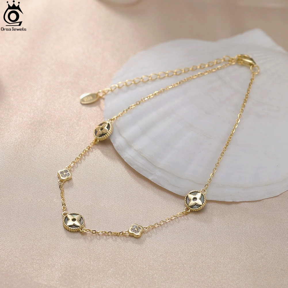 ORSA JEWELS Four Leaf Clover Anklet 925 Sterling Silver With Blck Shell Strand & 5A Zirconia Ornament Summer Gift for Her GMA07