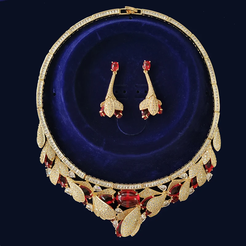 Gorgeous jewelry sets wedding bride necklace large flower zirconia gold color earrings red flower women dinner party jewelry set
