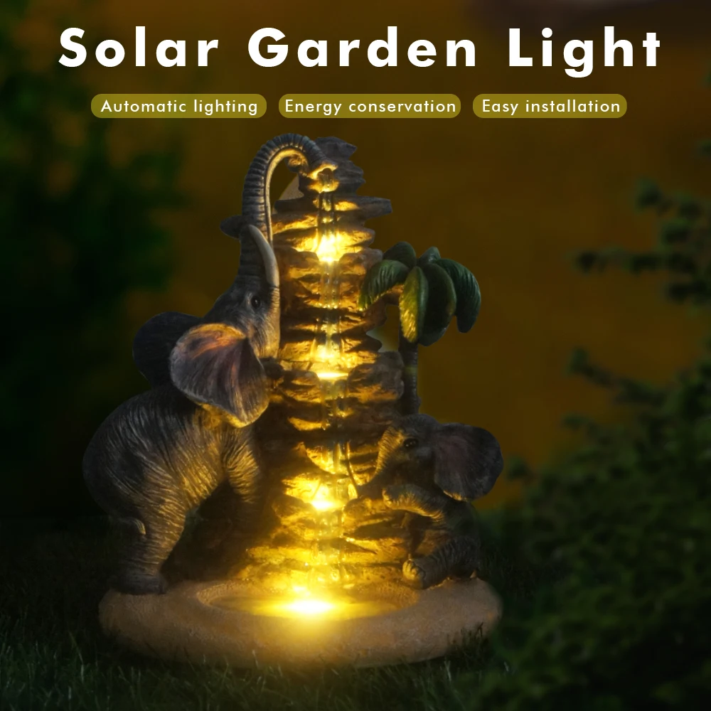Solar Garden Statues Light Outdoor Lucky Elephant Unique Courtyard Lamp Elephant Figurines Garden Sculpture Decoration