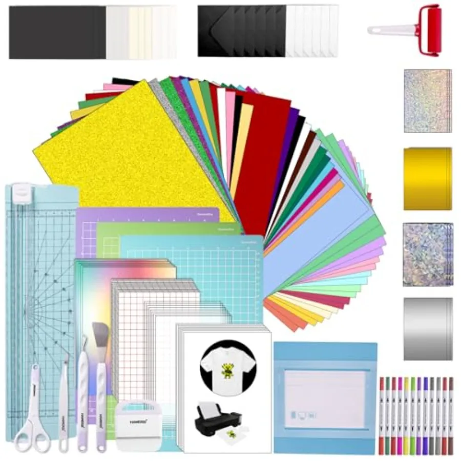 

Cricut Joy Xtra crafting starter kit: 134pcs all-in-one bundle with heat transfer vinyl, adhesive vinyl, weeding tools, transfe