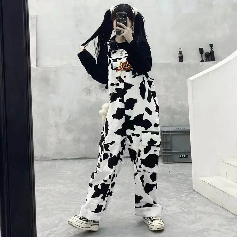 

Street Hip-hop Harajuku Girl Cow Print Black and White Check Overalls Overalls Casual Trousers Baggy Pants Female Fun Suspenders