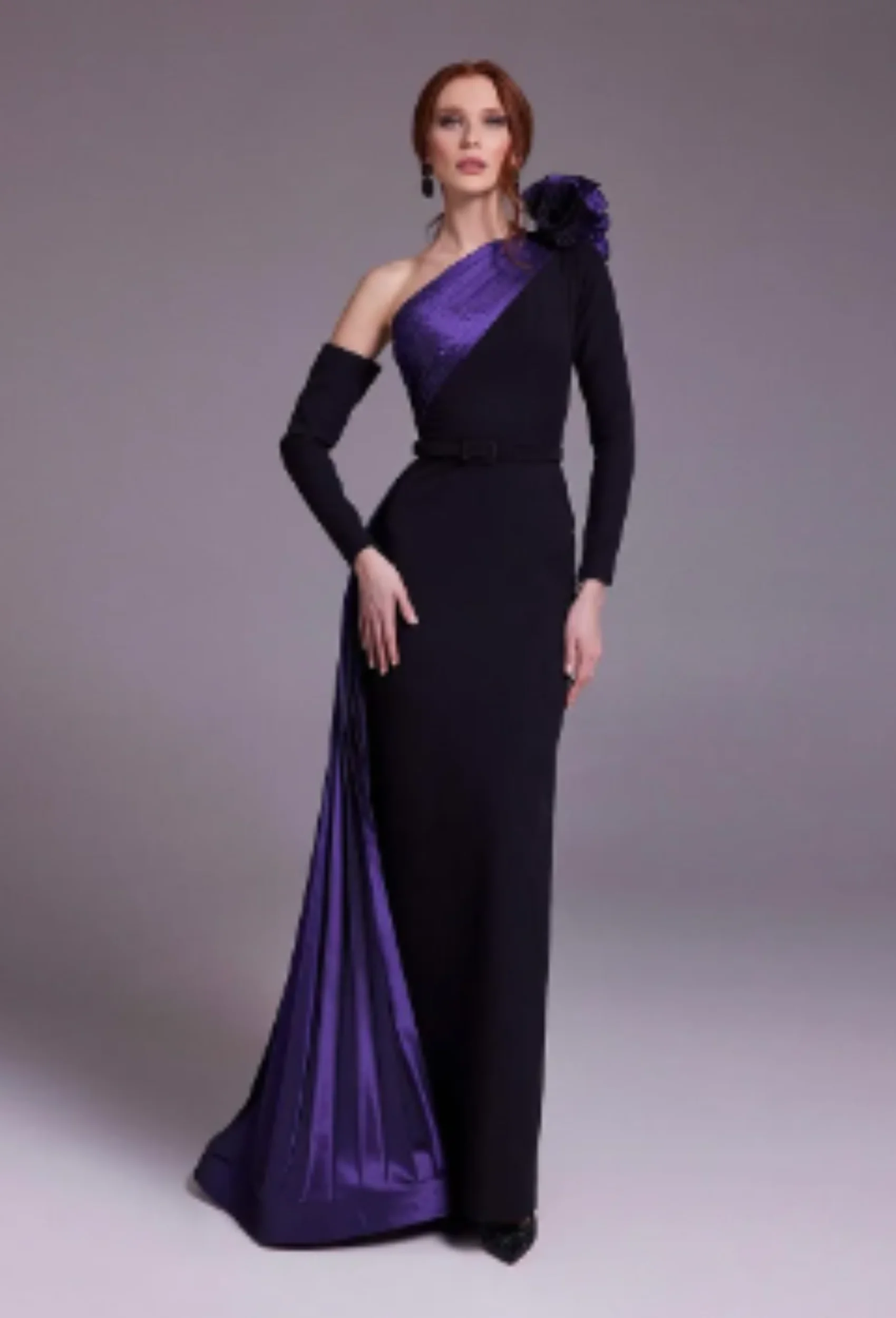 

Mermaid Long Sleeves Ruffles Floor-Length Elegant Evening Dress Formal Party Gown One-Shoulder Purple Black Prom Dresses