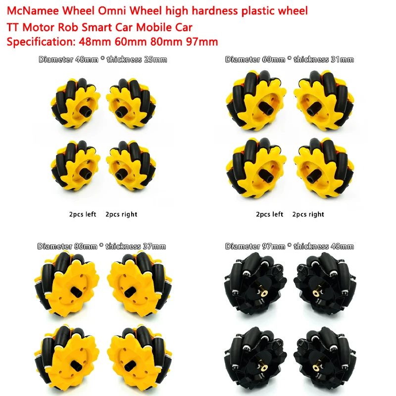 4PCS/LOT Omnidirectional Wheel McNamum 48mm 60mm 80mm 97mm High Hardness Plastic TT Motor Robot Smart Car 6mm Bushings