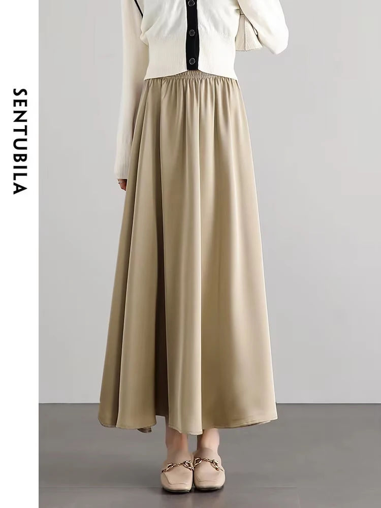 SENTUBILA Elegant Swing Long Skirts for Women Fashion 2024 Autumn Simple Elastic Waist Loose Skirt Women\'s Clothes W33Q51133