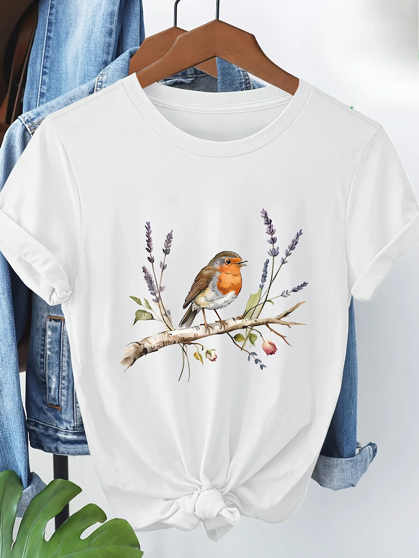 2026 Women Short Sleeve T-Shirt Peaceful Robin Bird Standing on Branch - Lavender and Floral Print Casual Wear Graphic T Shirts
