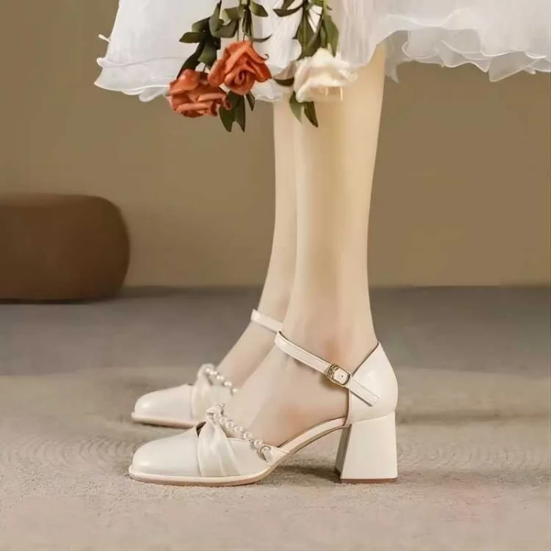 

Shallow Mouth Chunky HeelPULow-top Shoes with One-Strap Buckle, Rubber Foam Mary Jane Shoes, Mid-Heel(3-5cm)Square Head