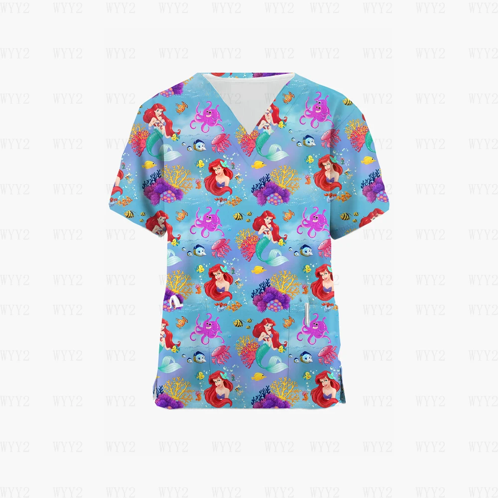 Disney-V Neck Enfermeira Vestido, Pulôver de bolso, Uniforme do Trabalho, Impressão, Enfermeira, Princesa, Enfermagem Médica, Scrub Tops, Pet Shop, Roupas