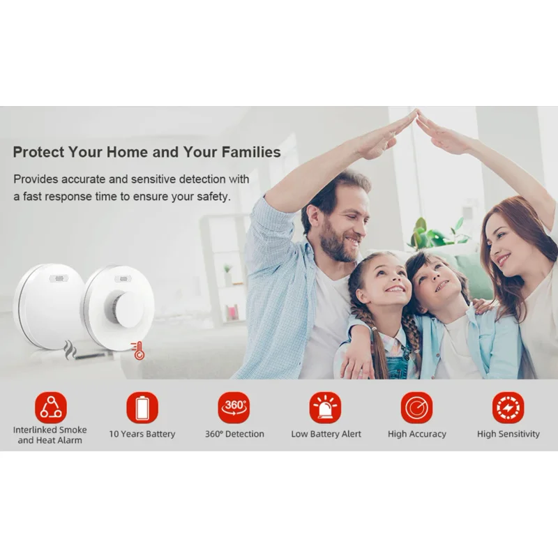 CPVAN-Interconectar Alarme de Fumo e Calor com Controle Remoto, Detector de Incêndio Sem Fio, Segurança da Bateria, 433MHz, 10 Anos