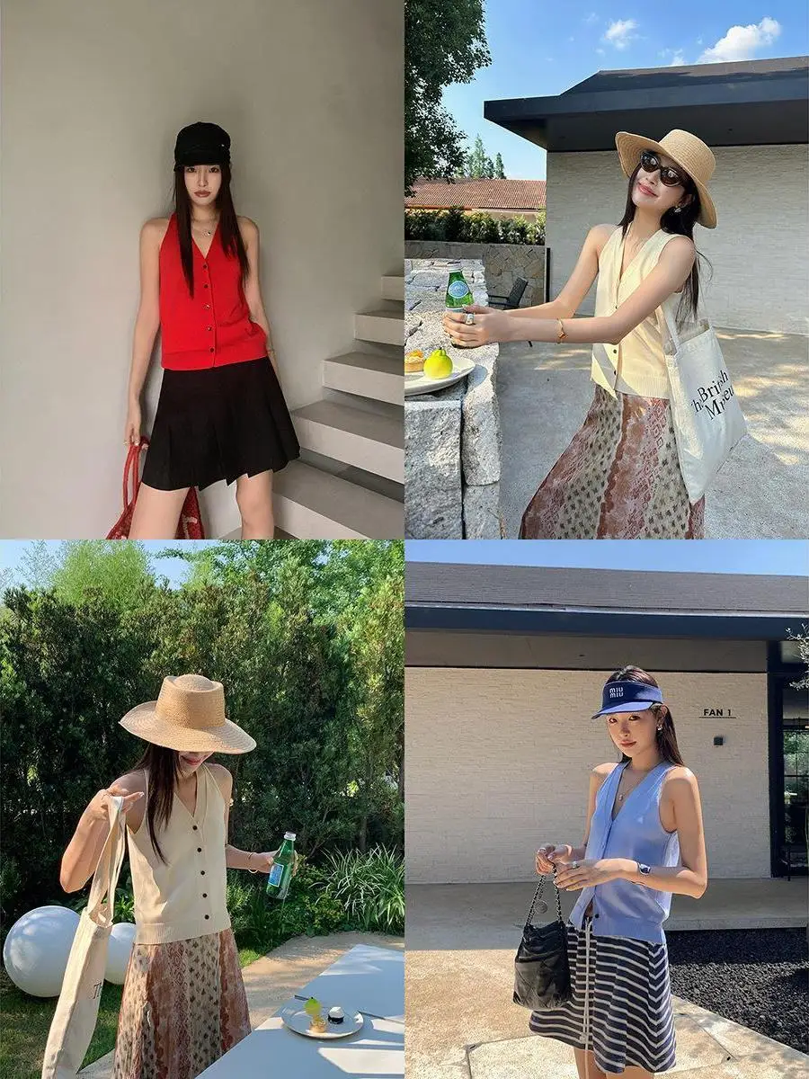 เสื้อกั๊กถักนิตติ้งลำลอง DT ETOLIE สำหรับผู้หญิง ฤดูร้อน ทรงเข้ารูป ผ้าผสมคอตตอน สีพื้น กระดุมเม็ดเดียว