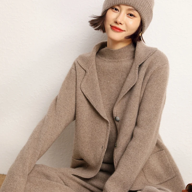 Women Cardigan 100% Cashmere Knitted Coat Autumn Turn-down Collar Warm Jacket Long Sleeve Soft Sweater Solid Color Loose Outwear