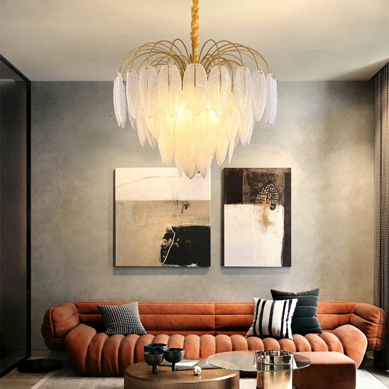 

LED White Glass Goose Feather Gold Silver Hanging Lamps Chandelier Lighting Lustre Suspension Luminaire Lampen For Foyer