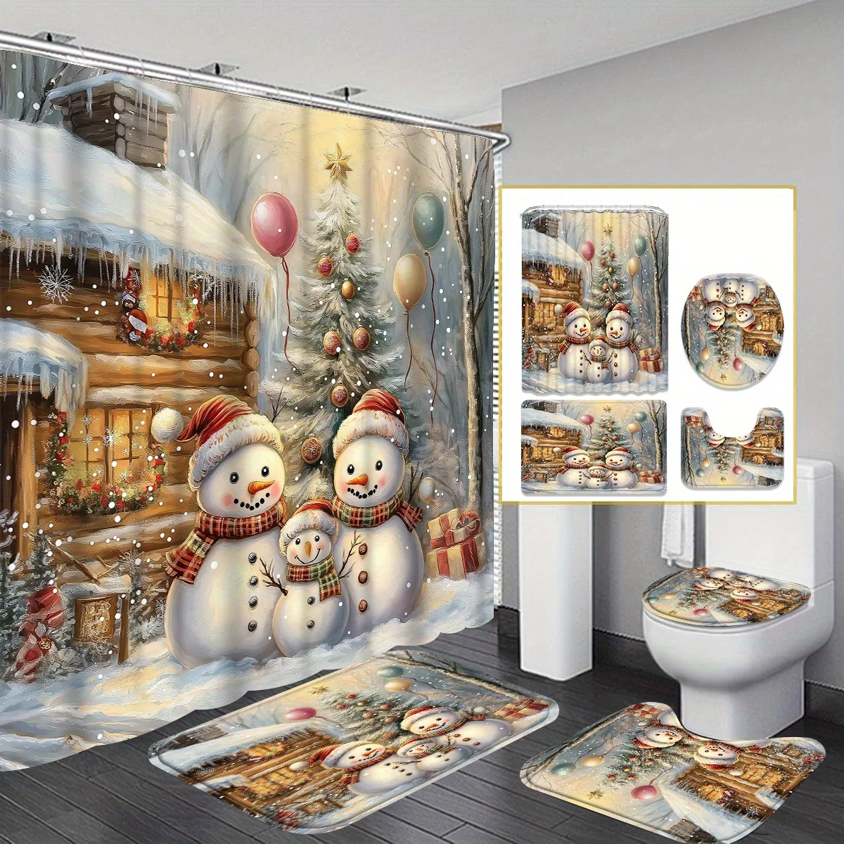 4Pcs Xmas Snowman Bath Set – Snow House Tree Snowflake, Shower Curtain, 12 Hooks, Non-Slip Mat, U-Pad & Seat Cover