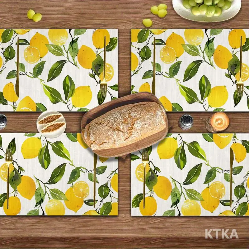 4Pcs, Vibrant Lemon Print Placemats, Best Placemats, Washable, Suitable for Holiday Parties, Home Decoration, Kitchen Tables, Rectangular Dining Tables, Make Your Dining Room and Kitchen More Beautiful, Birthday Gifts and Housewarming Party Gifts for Family and Friends