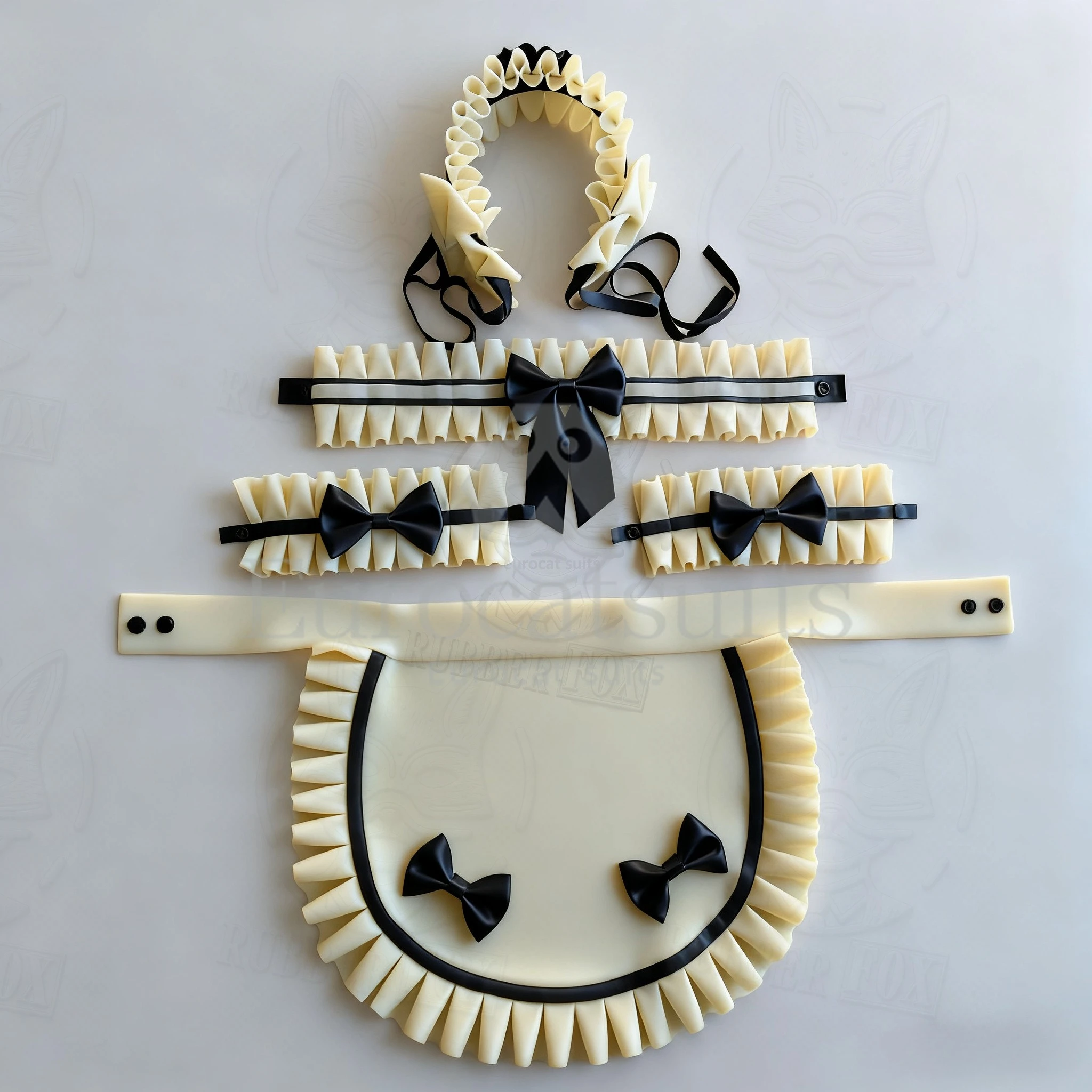 Conjunto de accesorios de látex para sirvienta, adorno con volantes y lazos negros, bonito tocado de sirvienta con volantes, muñequeras, delantal, fiesta de disfraces