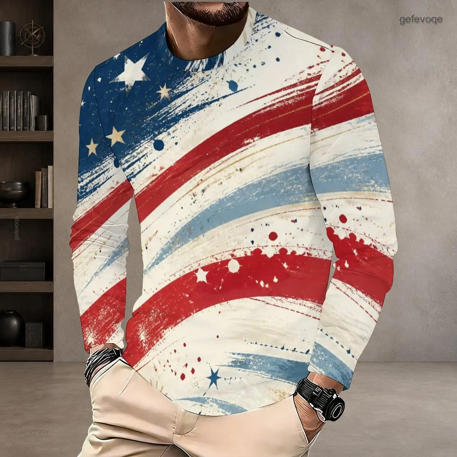 Men Round Neck Long Sleeve T-Shirt, Printed Bald Eagle US Flag Pattern Pullover Top