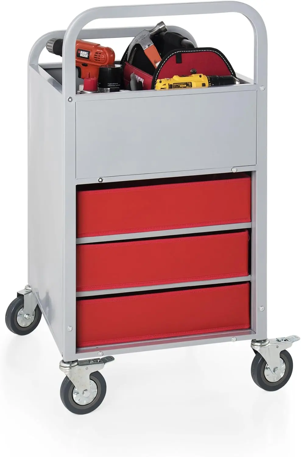 Rolling Display and Storage Utillity Cart, Metal Media Truck with Wheels, 3 Shelf Fabric Bins, Office and School Supply Gray